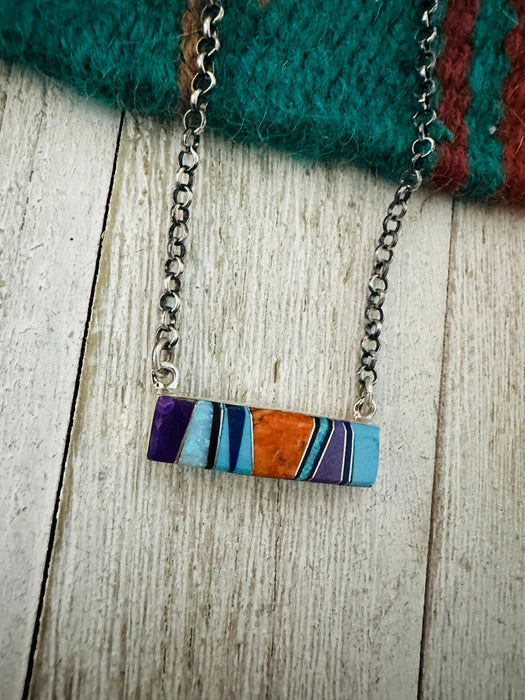 Navajo Multi Stone & Sterling Silver Inlay Bar Necklace