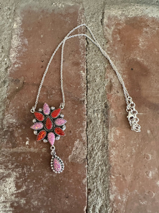 Blooming Cluster Handmade Sterling Silver & Pink & Red Fire Opal Necklace