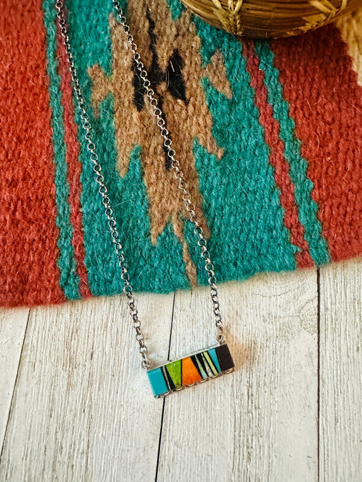 Navajo Multi Stone & Sterling Silver Inlay Bar Necklace