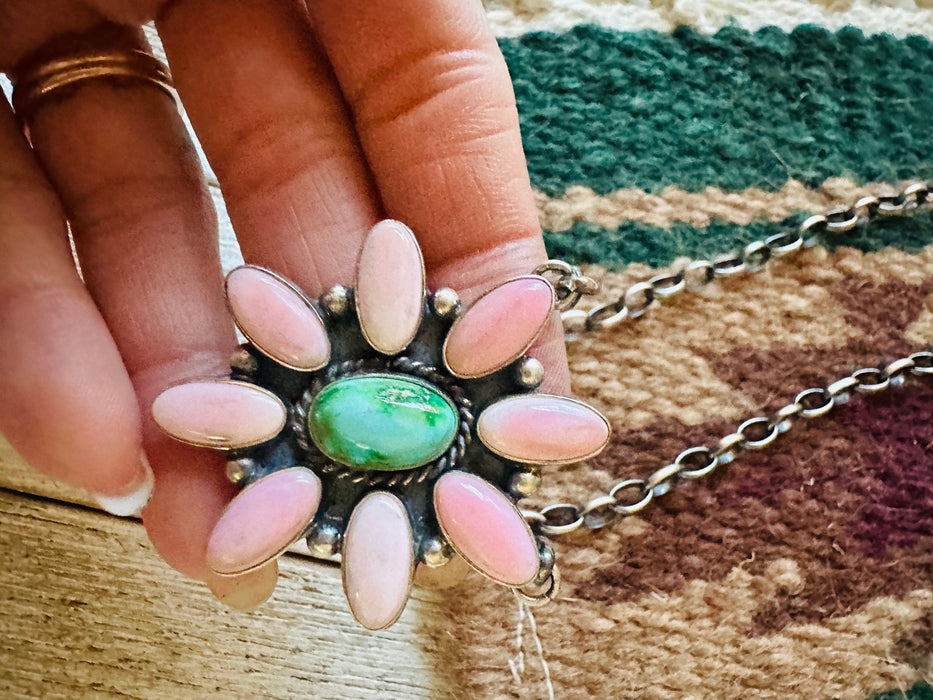 Navajo Sterling Silver, Queen Pink Conch Shell & Turquoise Necklace