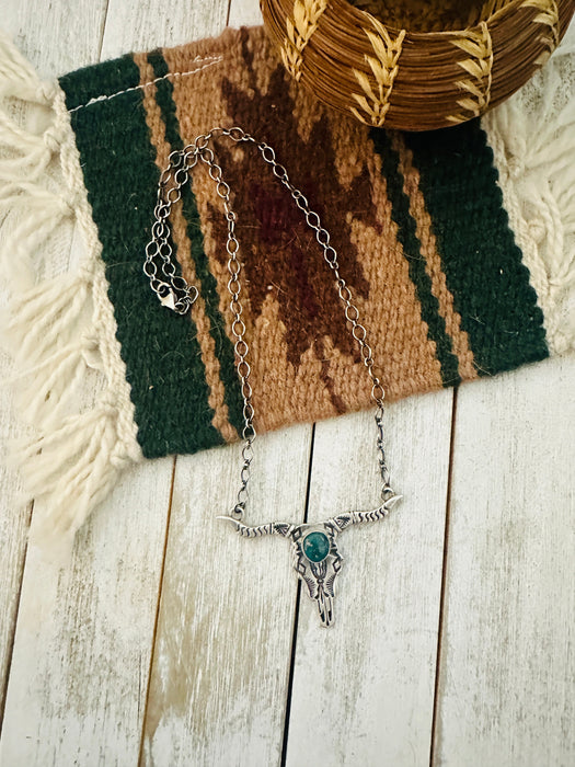 Navajo Sterling Silver & Turquoise Bullhead Necklace