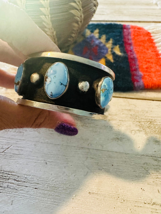 Navajo Golden Hills Turquoise & Sterling Silver Shadowbox Cuff Bracelet