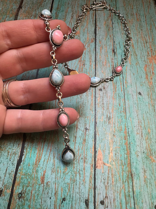 Handmade Sterling Silver, Queen Pink Conch & Larimar Lariat Necklace