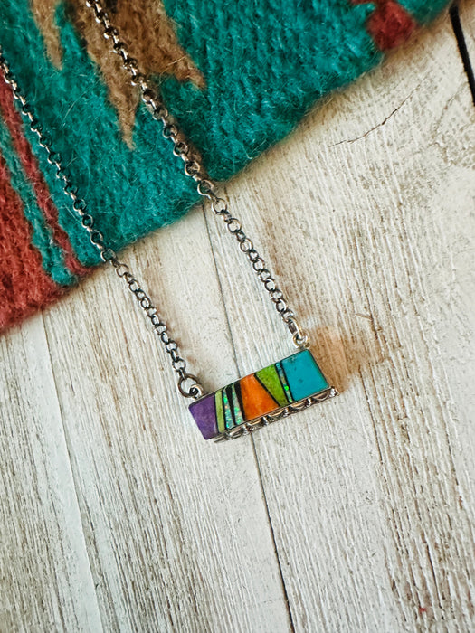 Navajo Multi Stone & Sterling Silver Inlay Bar Necklace