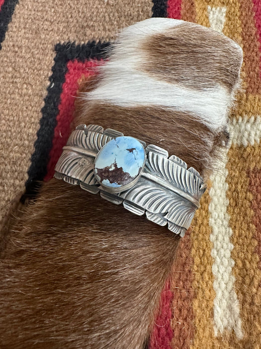 Navajo Golden Hill Turquoise & Sterling Silver Cuff Bracelet Signed KM