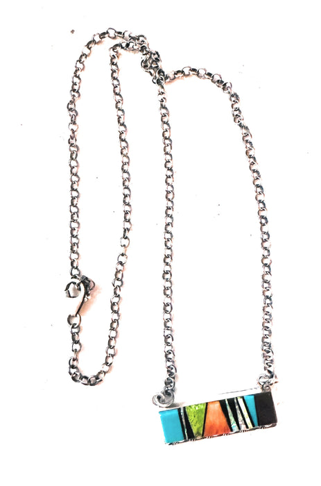 Navajo Multi Stone & Sterling Silver Inlay Bar Necklace