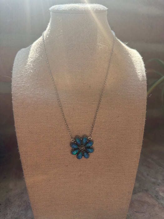 Beautiful Handmade Sterling Silver & Blue Fire Opal Cluster Necklace