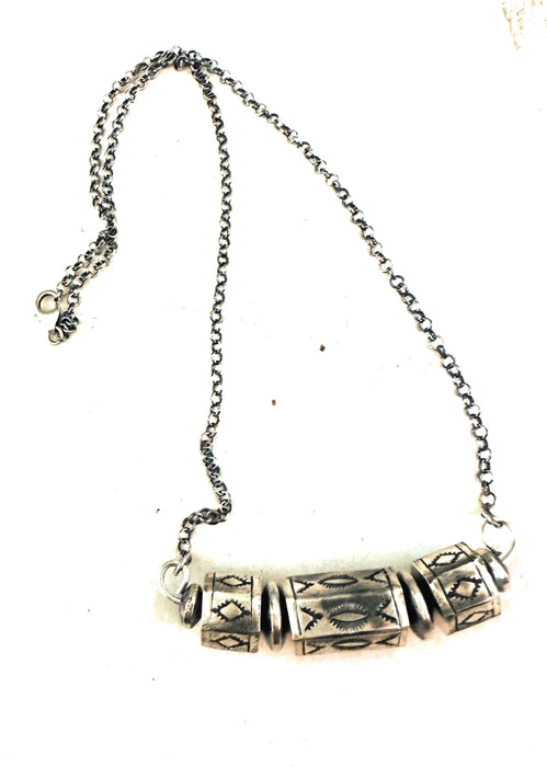 Navajo Hand Stamped Sterling Silver Beaded Chain Necklace