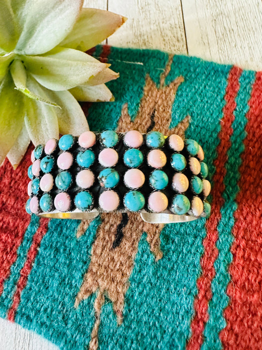 Navajo Sterling Silver, Queen Pink Conch & Turquoise Cuff Bracelet by Leroy James