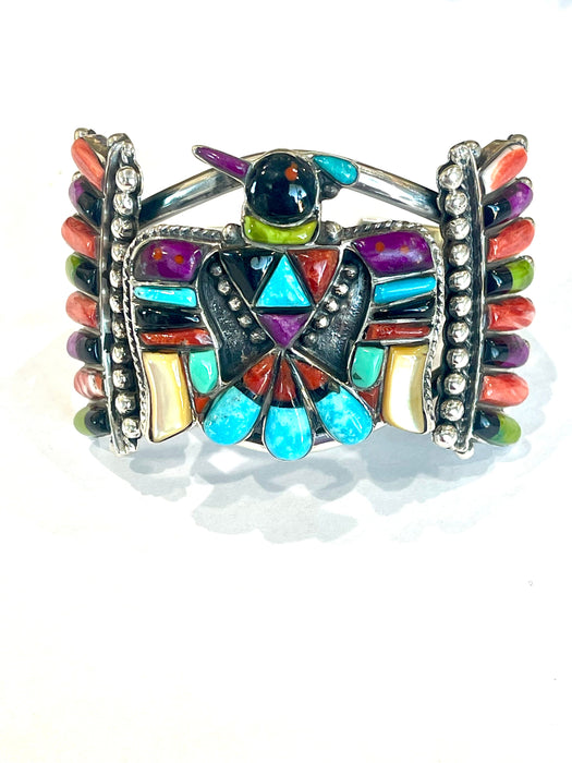 Handmade Sterling Silver Multi Stone Inlay Thunderbird Cuff Bracelet