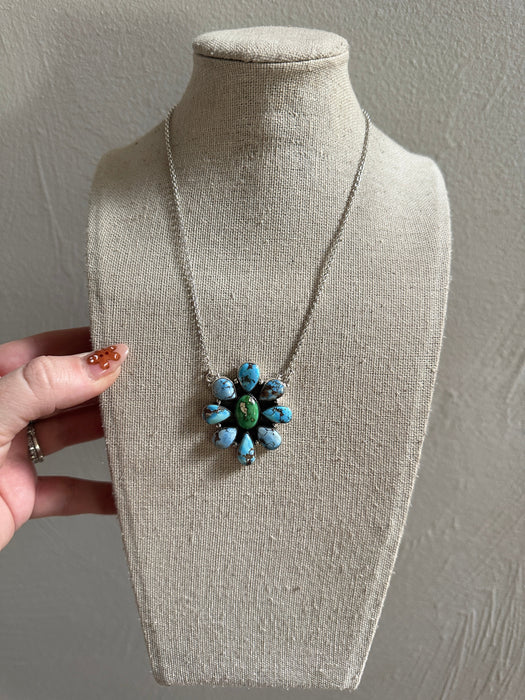 Beautiful Handmade Sterling Silver, Sonoran Mountain Turquoise, Golden Hills Turquoise Cluster Necklace