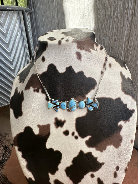 Handmade Sterling Silver & Golden Hills Turquoise Cluster Bar Necklace