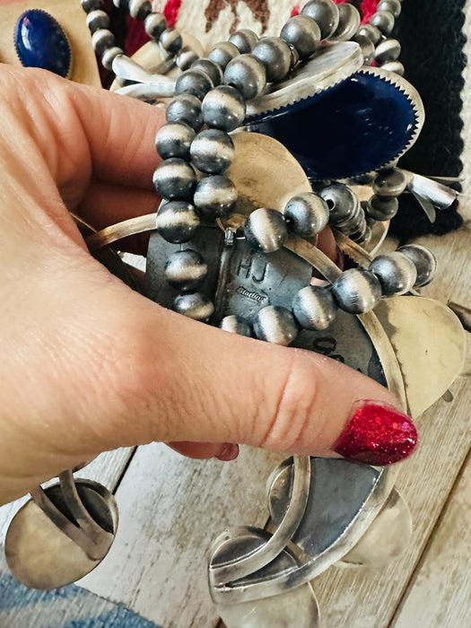 Vintage Old Pawn Navajo Lapis & Sterling Silver Beaded Squash Blossom Necklace Set