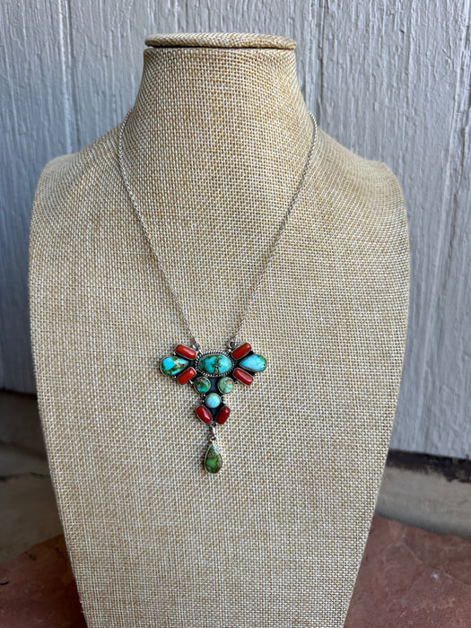 Beautiful Handmade Sterling Silver, Coral & Sonoran Turquoise Necklace style 3