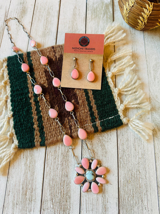 Navajo Queen Pink Conch, Turquoise & Sterling Silver Cluster Necklace Set