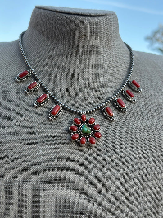 Beautiful Handmade Sterling Silver, Sonoran Turquoise & Coral Necklace