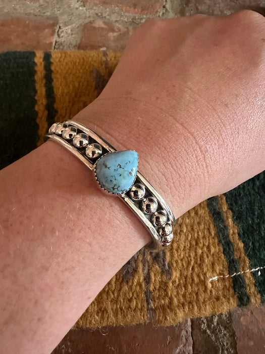 Handmade Golden Hills Turquoise & Sterling Silver Single Stone Adjustable Cuff Bracelet