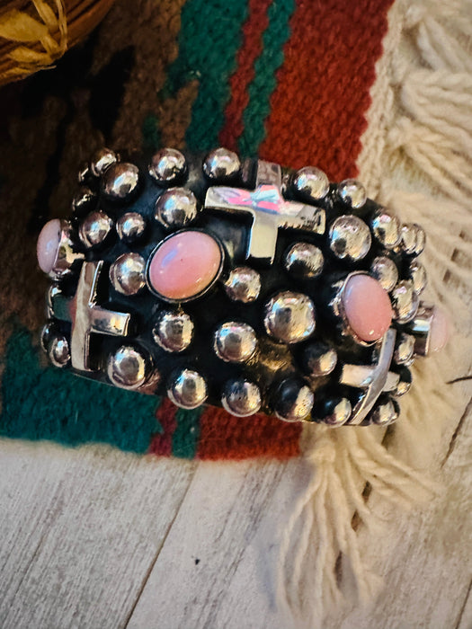 Navajo Sterling Silver & Queen Pink Conch Cross Cuff Bracelet By Chimney Butte