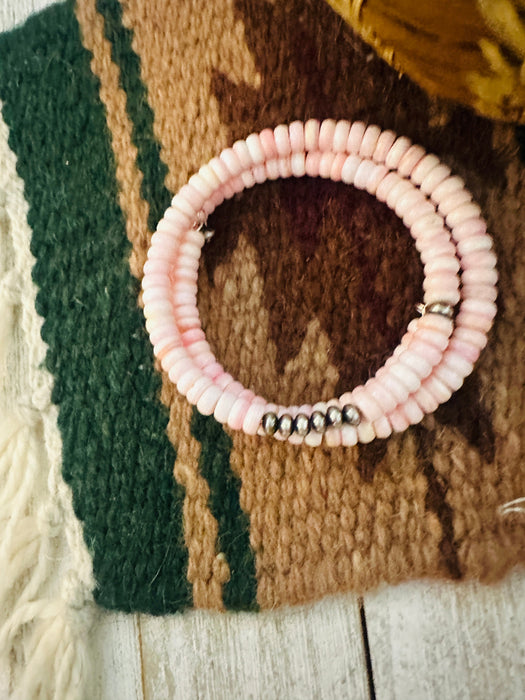 Navajo Queen Pink Conch Shell & Sterling Silver Pearl Beaded Wrap Bracelet
