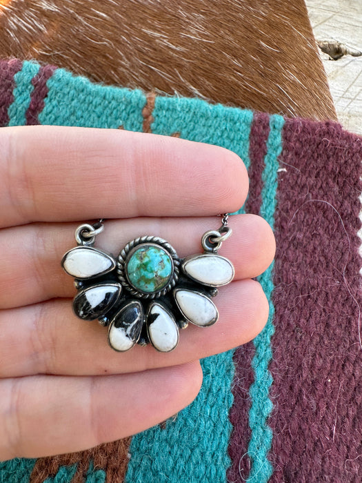 Beautiful Handmade Sterling Silver, White Buffalo & Sonoran Mountain Turquoise Crescent Necklace