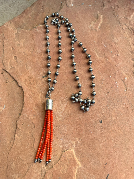 Handmade Sterling Silver Beaded Coral Tassel Necklace