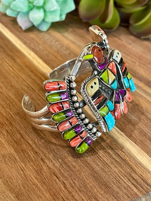 Handmade Sterling Silver Multi Stone Inlay Thunderbird Cuff Bracelet