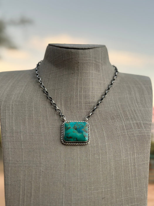 Navajo Alfred Martinez Sterling Silver & Kingman Turquoise Mojave Bar Necklace