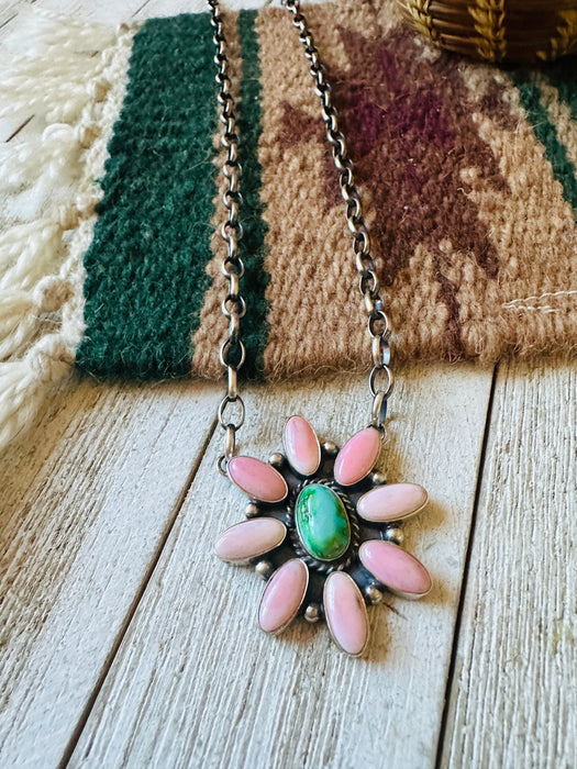 Navajo Sterling Silver, Queen Pink Conch Shell & Turquoise Necklace