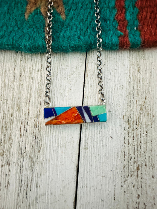 Navajo Multi Stone & Sterling Silver Inlay Bar Necklace