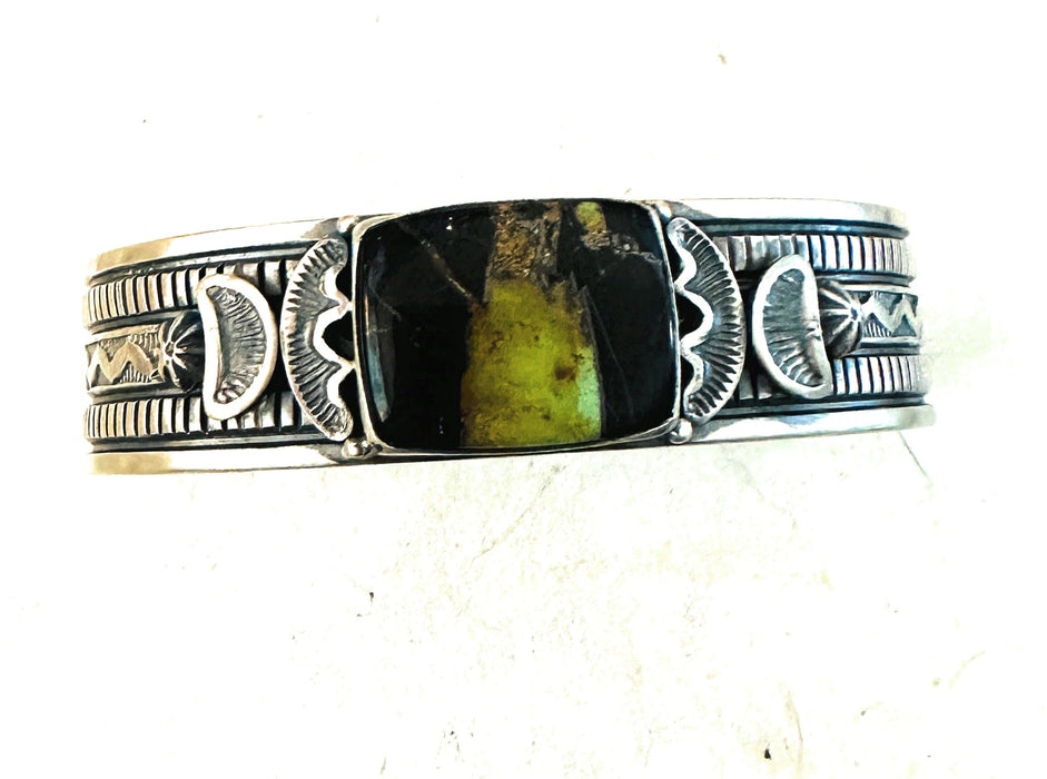 Navajo Sterling Silver & Black Jack Turquoise Cuff Bracelet