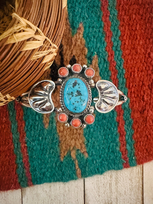 Navajo Turquoise, Coral & Sterling Silver Cluster Cuff Bracelet