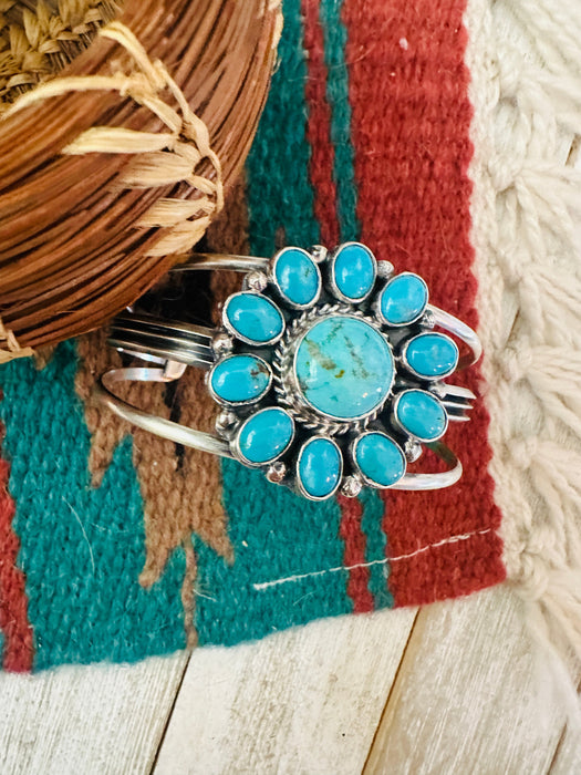 Navajo Kingman Turquoise & Sterling Silver Cluster Cuff Bracelet