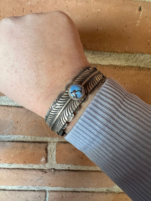 Navajo Golden Hills Turquoise & Sterling Silver Feather Cuff Bracelet