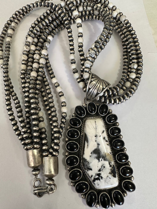 Navajo White Buffalo, Onyx And Sterling Silver 5 Strand Beaded Necklace With Pendant Signed