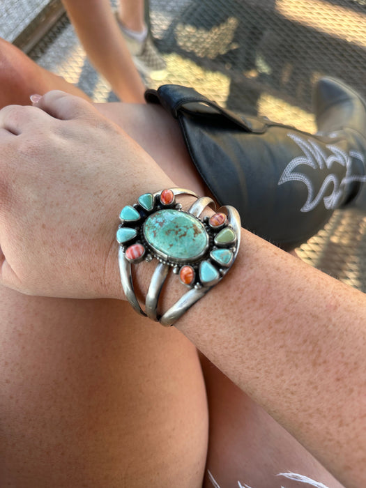 Navajo Turquoise & Spiny Sterling Silver Bracelet Cuff Signed Sheila