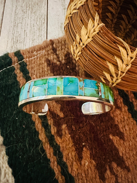 Navajo Sonoran Mountain Turquoise & Sterling Silver Inlay Cuff Bracelet