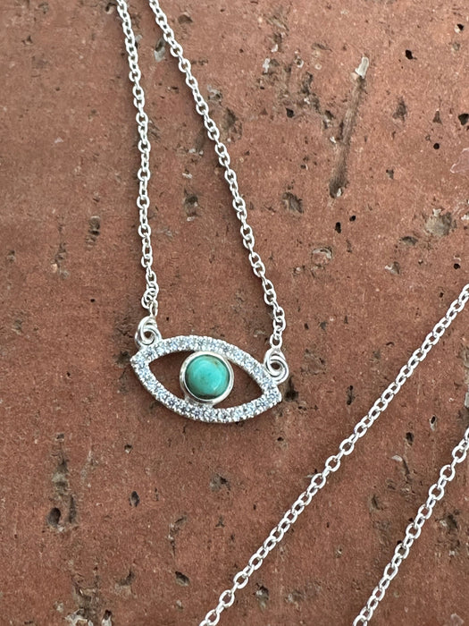 Handmade Sterling Silver Turquoise and CZ Evil Eye Necklace