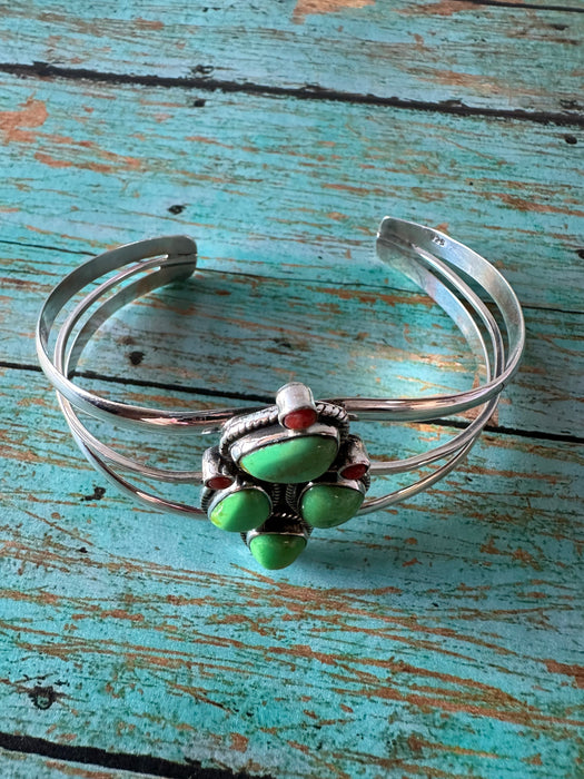 Handmade Sterling Silver, Coral & Dyed Kingman Turquoise Cactus Adjustable Cuff Bracelet