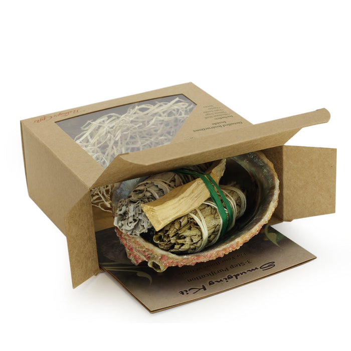 Kit - Smudging Kit Palo Santo - Sage - Yerba Santa - Abalone shell - with Purification Instruction Booklet