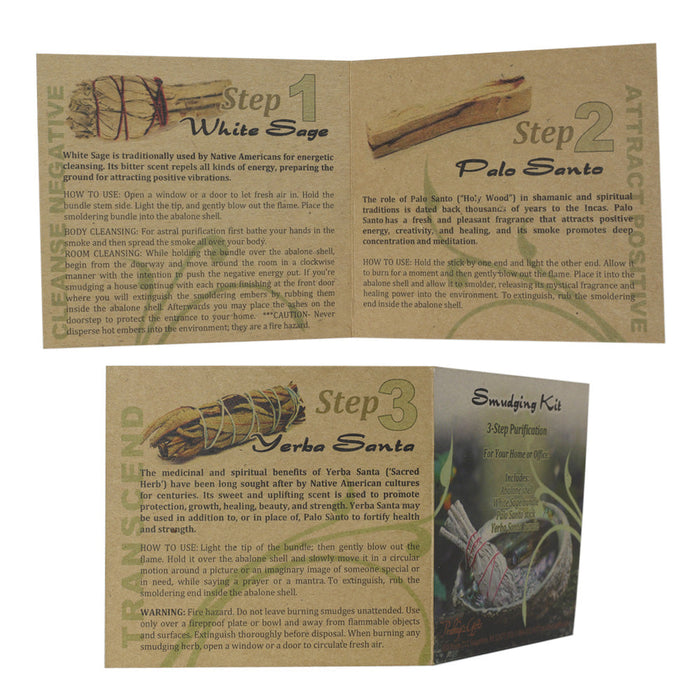 Kit - Smudging Kit Palo Santo - Sage - Yerba Santa - Abalone shell - with Purification Instruction Booklet