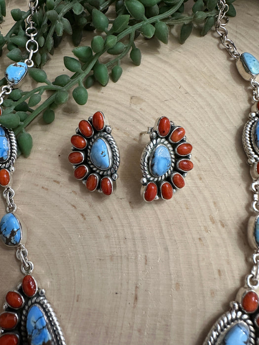 Handmade Sterling Silver, Golden Hills Turquoise & Coral Lariat Necklace SET