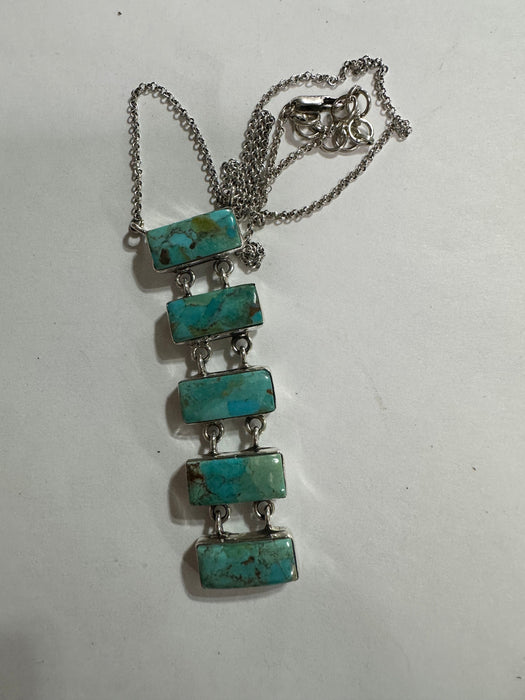 Handmade Turquoise & Sterling Silver 5 Stone Drop Necklace Signed Nizhoni