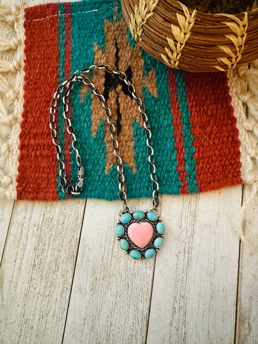 Navajo Sterling Silver, Queen Pink Conch Shell & Turquoise Necklace