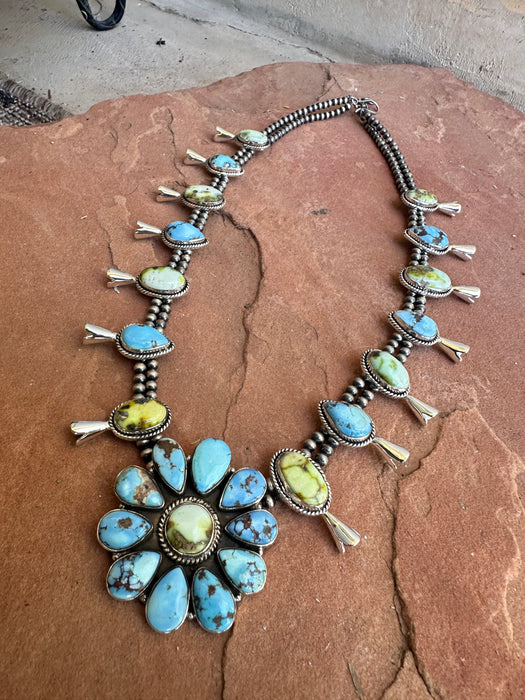 Handmade Sterling Silver, Golden Hills Turquoise & Palomino Turquoise Blossom Necklace Signed Nizhoni