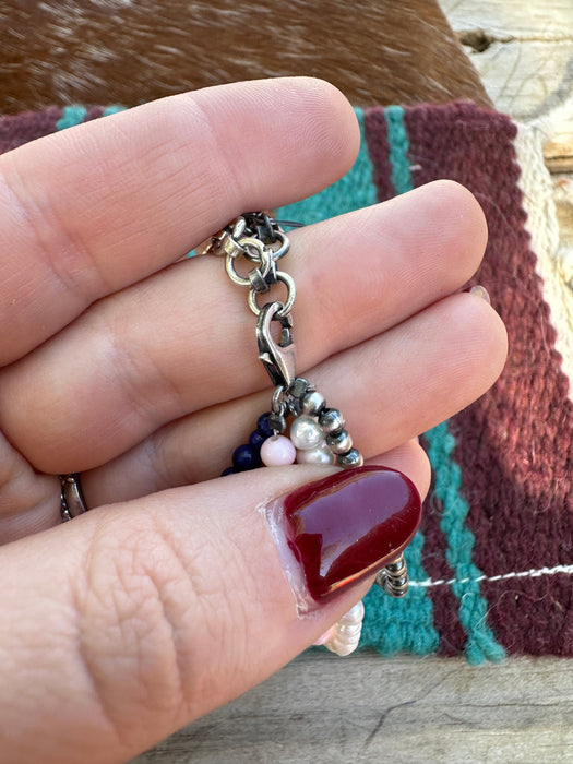 Handmade Sterling Silver, Pink Conch, Lapis & Mother of Pearl Beaded Bracelet