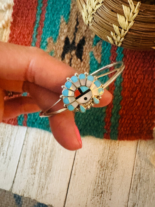 Zuni Sterling Silver & Multi Stone Inlay Sun Face Cuff Bracelet