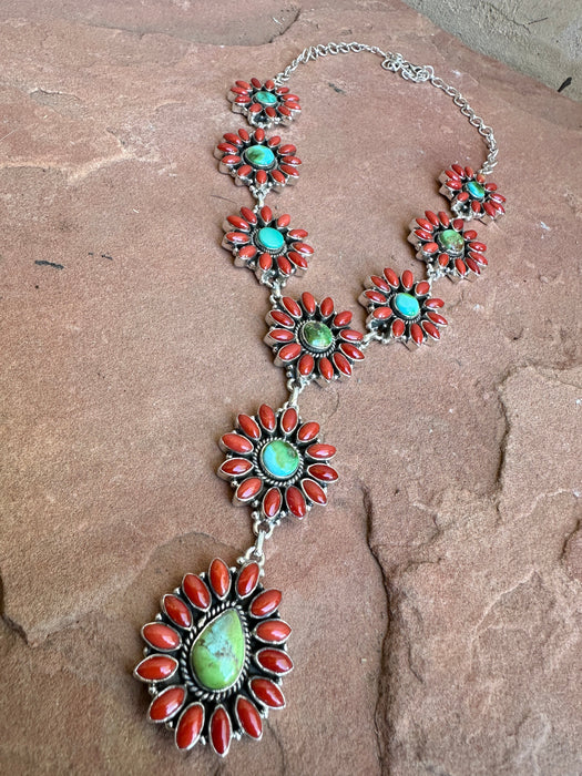 Beautiful Handmade Sterling Silver, Coral & Sonoran Turquoise Lariat Necklace