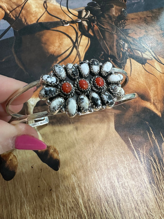 Handmade Sterling Silver, White Buffalo & Coral Adjustable Cuff Bracelet