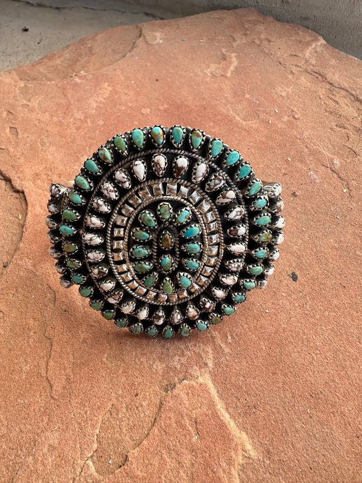 Handmade Sterling Silver, Wild Horse & Turquoise Cluster Cuff Bracelet Signed Nizhoni