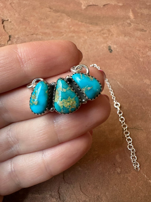 Beautiful Handmade Sterling Silver & Sonoran Turquoise 3 Stone Necklace